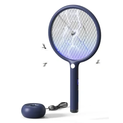 Obrázek AROEVE Elektrická plácačka na mouchy, 2 v 1 4000 V, USB nabíjecí základna, baterie 1200 mAh, režim automatického napínání, LED světlo, 3násobná ochranná síť, pro vnitřní
