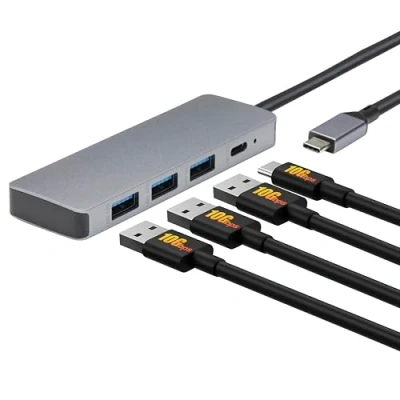 Obrázek Amazon Basics USB rozbočovací dokovací stanice pro 3. 2/3. 1 2. generace, 10 Gbit/s, C na x / 3 A, vhodné Windows/Mac, stříbrná, černá