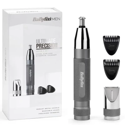 Obrázek BaByliss Super X Metal zastřihovač nosu, uší a obočí, 3 v 1 detailů, nosních chloupků, 2 nástavce, hřebenové vedení, provoz na baterie, E116E