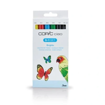 Obrázek COPIC Ciao Marker 5+1 sada &quot;Zářivé barvy&quot;, 5 univerzálních popisovačů rozvržení, se středně širokou a štětcovou špičkou, vč. 1 multiliner 0,3 mm