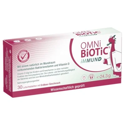 Obrázek OMNi BiOTiC iMMUND 30 pastilek 1 kmen bakterií miliarda zárodků v každém s vitaminem D vegetariánská bez cukru pro každodenní použití také děti příchuť jahody