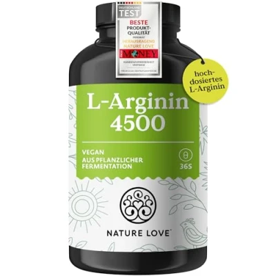 Obrázek NATURE LOVE® L arginin 365 kapslí vysoké dávkování: 4500 mg HCL (z toho 3 750 arginin) v denní dávce fermentace z kukuřice vyrobeno Německu, veganské, laboratorně testováno