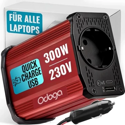 Obrázek Odoga Střídač 12 V na 230 300 W měnič napětí, transformátor s konektorem 3A USB C a A, invertor 220 V, auto zásuvka, nabíjejte svůj laptop, iPad, iPhone, tablet další