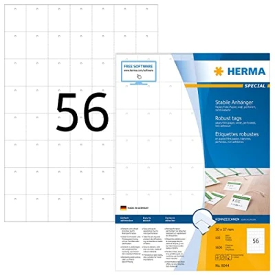 Obrázek HERMA 8044 stabilní přívěsek perforovaný, 100 listů, 30 x 37 mm, 56 na arch A4, 5600 kusů, lze potisknout, matný, prázdný cenový z papíru/fólie / kompozitu papíru, bílý