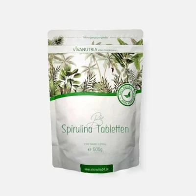Obrázek VivaNutria Bio Spirulina lisované pilky 500 g z kontrolovaného biologického hospodářství I 2500 tablety bez přísad čistě a přirozeně šetrně zpracované kvalita surovin veganské