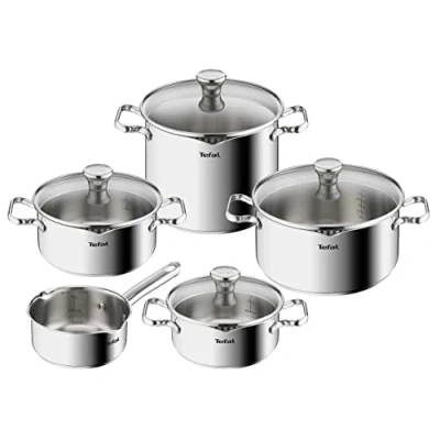 Obrázek Tefal Duetto sada hrnců indukční 9dílná, robustní a vysoce kvalitní ušlechtilá ocel, na indukci se sítkem, vhodné do trouby 260 C (bez víka), pro všechny typy sporáků, A705S9