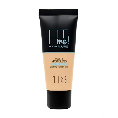 Obrázek Maybelline New York Fit Me! MATTE&amp;PORELESS make up č. 118 světle béžová, tekutý up, přizpůsobí se tónu pleti, hydratační, matující, lehký až střední krycí schopnost, 30 ml