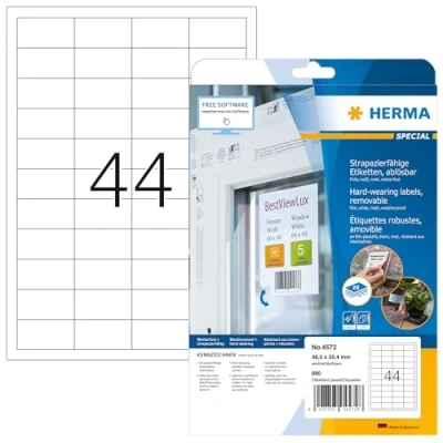 Obrázek HERMA 4572 Fóliové etikety odolné vůči povětrnostním vlivům odstranitelné, 20 listů, 48,3 x 25,4 mm, 44 na arch A4, 880 kusů, samolepicí, potištěné, matné, prázdné lepicí z fólie, bílé