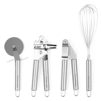 Obrázek Russell Hobbs Küchenwerkzeug Set aus Edelstahl RH00124, silberfarben, Umfasst Pizzaschneider, Schneebesen, Knoblauchpresse Und Dose/Zinnöffner, Rostfreier Stahl, 4 Stück