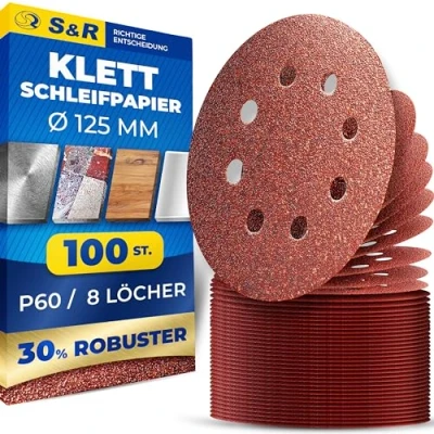 Obrázek S&amp;R Sada brusného papíru se suchým zipem 125 mm, mistr, 8 otvorů, 100 ks zrnitostí P60, brusné kotouče, kotouče pro excentrické brusky, brusný papír zipem, spolehlivá přilnavost na