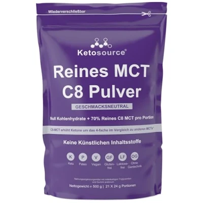 Obrázek Reines C8 MCT Pulver 4 facher Keton Boost im Vergleich zu anderen MCTs Null Kohlenhydrate Unterstützt Keto &amp; Fasten Vegan, sicher und glutenfrei Geschmacksneutral 500g Beutel Ketosource
