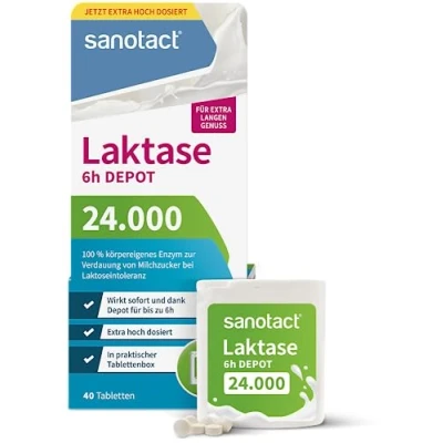 Obrázek sanotact Laktáza 24. 000 6h depot (40 tablet s laktázou) Laktóza tablety účinkem Při intoleranci laktózy a nesnášenlivosti mléka Okamžitý účinek &amp; dlouhodobý