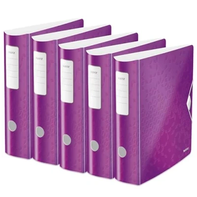 Obrázek Leitz Qualitäts Ordner 180 Active WOW, 5er Pack, A4, breit, Abgerundeter Rücken, 8,2 cm Gummibandverschluss, Leichtes Polyfoam, Plastik Ordner, WOW Serie, Violett, 11060062