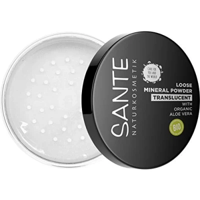 Obrázek SANTE Naturkosmetik Volný minerální pudr, transparentní sypký fixuje dlouho, pro rovnoměrnou pleť, s bio aloe vera, veganská, 12 g