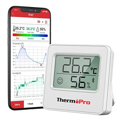 Obrázek ThermoPro Interiérový teploměr TP357, 80 m, s Bluetooth, digitální aplikací, mini měřič vlhkosti vzduchu ukazatelem smajlíku, datová grafika pro interiér, kancelář, vinný sklípek, skleník