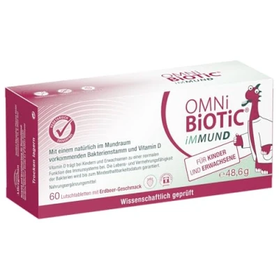 Obrázek OMNi BiOTiC iMMUND 60 pastilek 1 bakteriální kmen miliarda zárodků v pastilce vitamin D vegetariánská bez cukru pro každodenní použití dospělé a děti