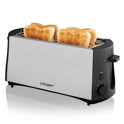 Obrázek Cloer Toustovač 3710 s dlouhým výřezem pro 4 plátky toustů, 1380 W, integrovaný nástavec, přilepovací zařízení, zásuvka na drobky, matované tepelně izolované kovové pouzdro