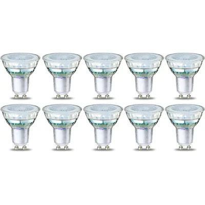 Obrázek Amazon Basics Teplá bílá LED žárovka, GU10 body, 4 W (odpovídá žárovce 50 W), čiré vlákno, nestmívatelné, 10 kusů (balení 1 ks)