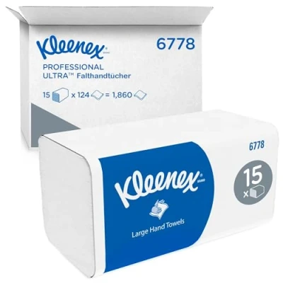 Obrázek Ručníky Kleenex Ultra 6778 Interfold, 2vrstvé, 15 balení x 124 hadříků, bílé