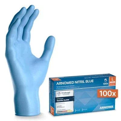 Obrázek ARNOMED Nitril jednorázové rukavice 100 kusů/box, L, bez pudru a latex, modré nitrilové rukavice, k dispozici ve vel. XS, S, M, XL XXL