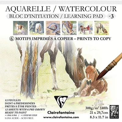 Obrázek Clairefontaine 975147C Aquarellblock (mit Vordruck, verleimt, 12 Blätter, 300 g, 21 x cm, 100% Zellulose, besonders geeignet für diejenigen, die sich in der Aquarellmalerei versuchen möchten) weiß