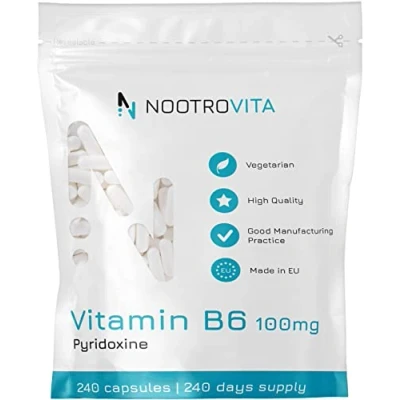 Obrázek Vitamín B6 s vysokou dávkou 100 mg 240 kapslí pyridoxin Vegan Vit B 6, žádná umělá plniva Bez alergenů a lepku Vyrobeno v provozovnách certifikovaných dle ISO Nootrovita