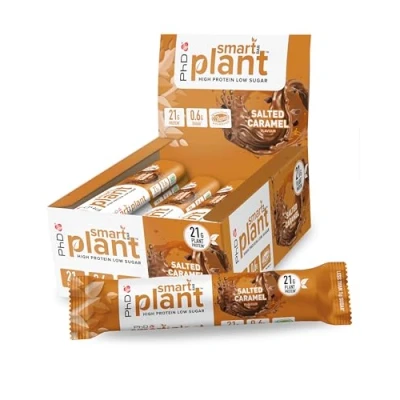 Obrázek PhD Nutrition Smart Plant Protein tyčinka Vegan 12 x 64 g solený karamel High Snack s 21 bílkovinami a malým množstvím cukru, proteinové tyčinky vhodné pro makro