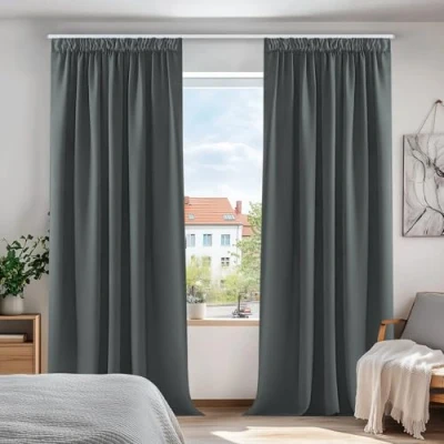 Obrázek Deconovo Neprůhledná záclona s řasící páskou tloušťka zatemňovací záclony kuchyně okno, 260 x 140 cm (výška, šířka), tmavě šedá, sada 2 ks