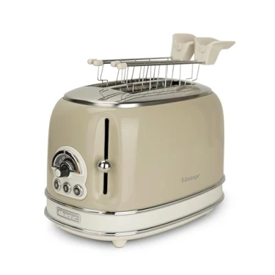 Obrázek Ariete toustovač Vintage 155, 2 plátky, retro s 6 stupni toustování, automatické vyhazování, funkce rozmrazování, vyjímatelná přihrádka na drobky, kryt z ušlechtilé oceli, se sendvičovými