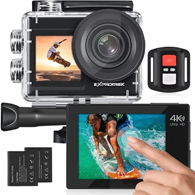 Obrázek Exprotrek Akční kamera 4K podvodní vodotěsná 40 m ultra HD 20 MP 170 širokoúhlá WiFi kamkordér stabilizace s duální baterií 1350 mAh
