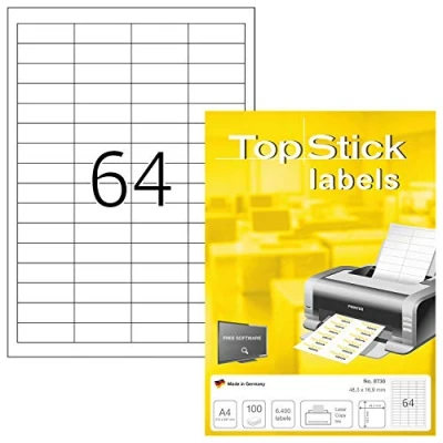Obrázek TopStick 8730 univerzální etikety, 100 listů, 48,3 x 16,9 mm, 64 pro arch A4, 6400 kusů, samolepicí, s možností potisku, matné, prázdné papírové lepicí etikety nálepky, bílé