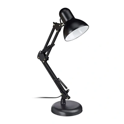 Obrázek Relaxdays Retro lampa na psací stůl, kloubové rameno, otočná, kancelářská lampička čtení, kov, E27, V x Š H: 50 27 15 cm, černá