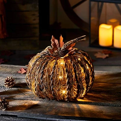 Obrázek Lights4fun Rattan Kürbis batteriebetriebene LED Dekoration für den Innen und Außenbereich Halloween Deko