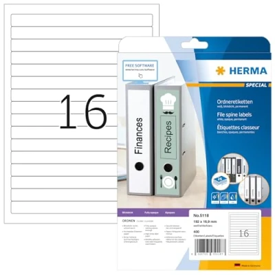 Obrázek HERMA 5118 Etikety na hřbety pořadačů krátké, 25 listů, 192 x 16,9 mm, 16 arch A4, 400 kusů, samolepicí, potisknutelné, neprůhledné, prázdné papírové štítky pořadače zadní stranu