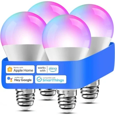 Obrázek meross Smart WLAN žárovka pro HomeKit WiFi lampa LED vícebarevná stmívatelná RGBWW kompatibilní se Siri, Alexa, Google Home a SmartThings, E27 teplá bílá, 4 ks