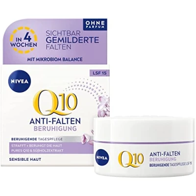 Obrázek NIVEA Q10 zklidňující denní péče pro citlivou pokožku proti vráskám (50 ml), hydratační krém s LSF 15, a zpevňující o obličej