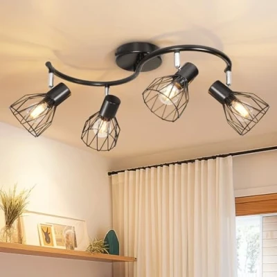 Obrázek Kimjo stropní svítidlo LED 4 plameny výkyvné zářič černý reflektor E14 lampa do obývacího pokoje kuchyně strop bodové světlo ne