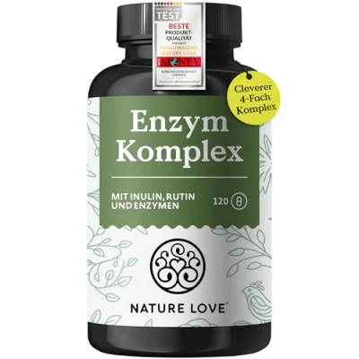 Obrázek NATURE LOVE® Enzymový komplex 120 kapslí vč. lipázy a α amylázy s bromelainem, rutinem, celulózou inulinem trávicí enzymy (digestivní enzymy) ve 4 měsíčních zásobách veganské, laboratorně