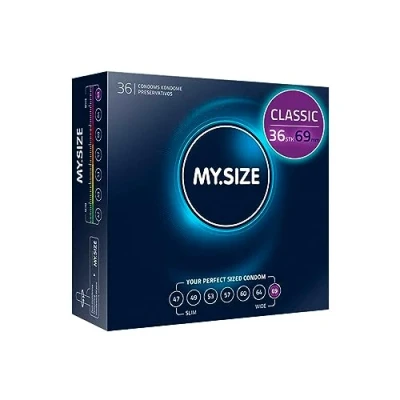 Obrázek MY.SIZE Klasické kondomy velikost 7 I 69 mm šířka 36 kusů velké balení prémiové extra tenké jsou velmi jemné 0,07 tloušťka stěny veganské pro muže