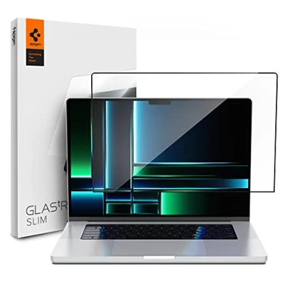 Obrázek Spigen Sklo. tR Slim ochrana displeje Pro MacBook 14 palců (od 2021, M3 / Max M2 M1 Max), černé plné zakrytí, 9H sklo, proti poškrábání,