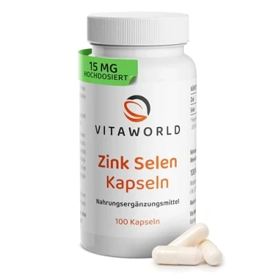 Obrázek Kapsle se zinkem vitaworld selen zinek a ve vysokých dávkách 15 mg zinku + 100 µg denně (100 veganských kapslí) ideální pro imunitní systém, kůži, vlasy nehty laboratorně