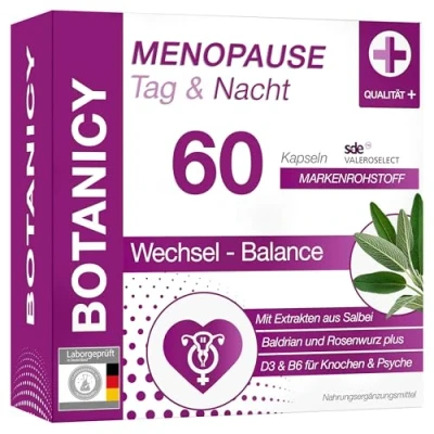 Obrázek Botanicy Menopauza den a noc proti menopauze příznaky komplexy pro ráno večer, se šalvějí valeriánem rostlinné extrakty vitamíny přírodní, bez hormonů, veganské 60 kapslí s menopauzou