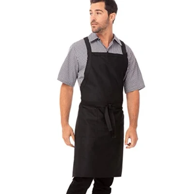 Obrázek Chef Works Unisex zástěra s laclem se zkříženými zády, Černá bílými jehličkovými proužky