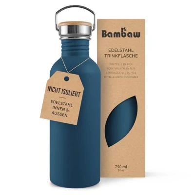 Obrázek Bambaw láhev na pití z ušlechtilé oceli, 750 ml, neizolovaná modrá bez BPA, pití, odolná proti vytečení, kovová vodu azurově