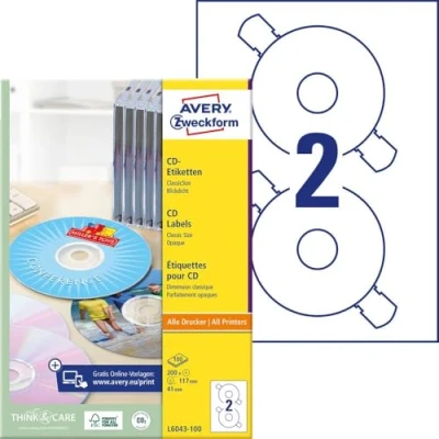 Obrázek AVERY Zweckform L6043 100 samolepicí CD etikety (200 neprůhledné nálepky, Ø 117 mm na A4, ClassicSize, papír matný, potištěné lepicí pro všechny tiskárny A4) listů, bílé