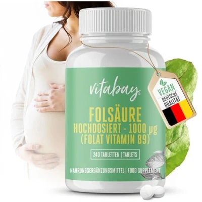 Obrázek Vitabay Tablety kyseliny listové vysoké dávky 1000 mcg (VItamin B9) 240 VEGANE tablet kyselina listová pro děti přání těhotenství vitamíny muže vysoká biologická