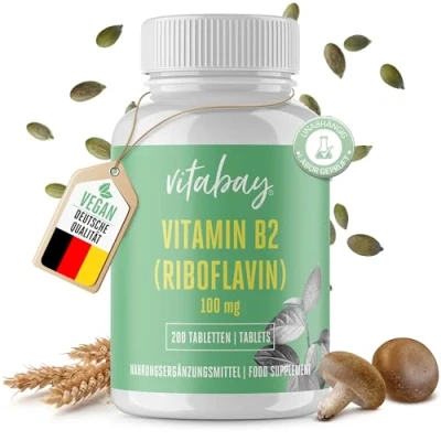 Obrázek Vitabay Vitamín B2 (Riboflavin) 200 veganských tablet vysoká dávka 100 mg laboratorně testováno a vyrobeno z vysoce kvalitních surovin