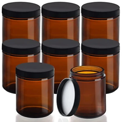 Obrázek Belle Vous 8dílné balení kulaté hnědé skleněné nádoby s víkem 240 ml prázdná doplňovací šroubovací sklenice černým sklo pro kosmetické skladování, krém na obličej, éterické oleje a