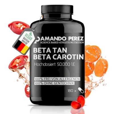 Obrázek Amando Perez Beta Carotin 50 000 I.E Depot opalovací kapsle 180 měkkých gelů ve vysokých dávkách a veganských předchůdce vitaminu bez alergenů genetické techniky přírodní opálení
