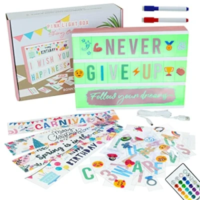 Obrázek Light Box Rosegold A4 16 Farben mit 400 Buchstaben und Emojis, 10 Premium Karten, Fernbedienung, 2 Stifte BONNYCO Ä Ö Ü ß Lichtbox Led Buchstaben, Geschenke für Frauen and Mädchen